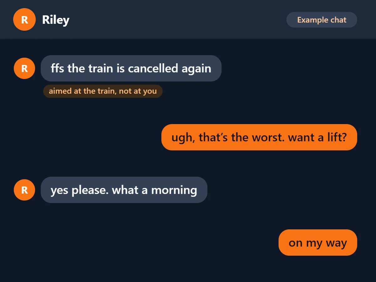 Example text chat where a friend types ffs about a cancelled train and gets a kind reply offering a lift.