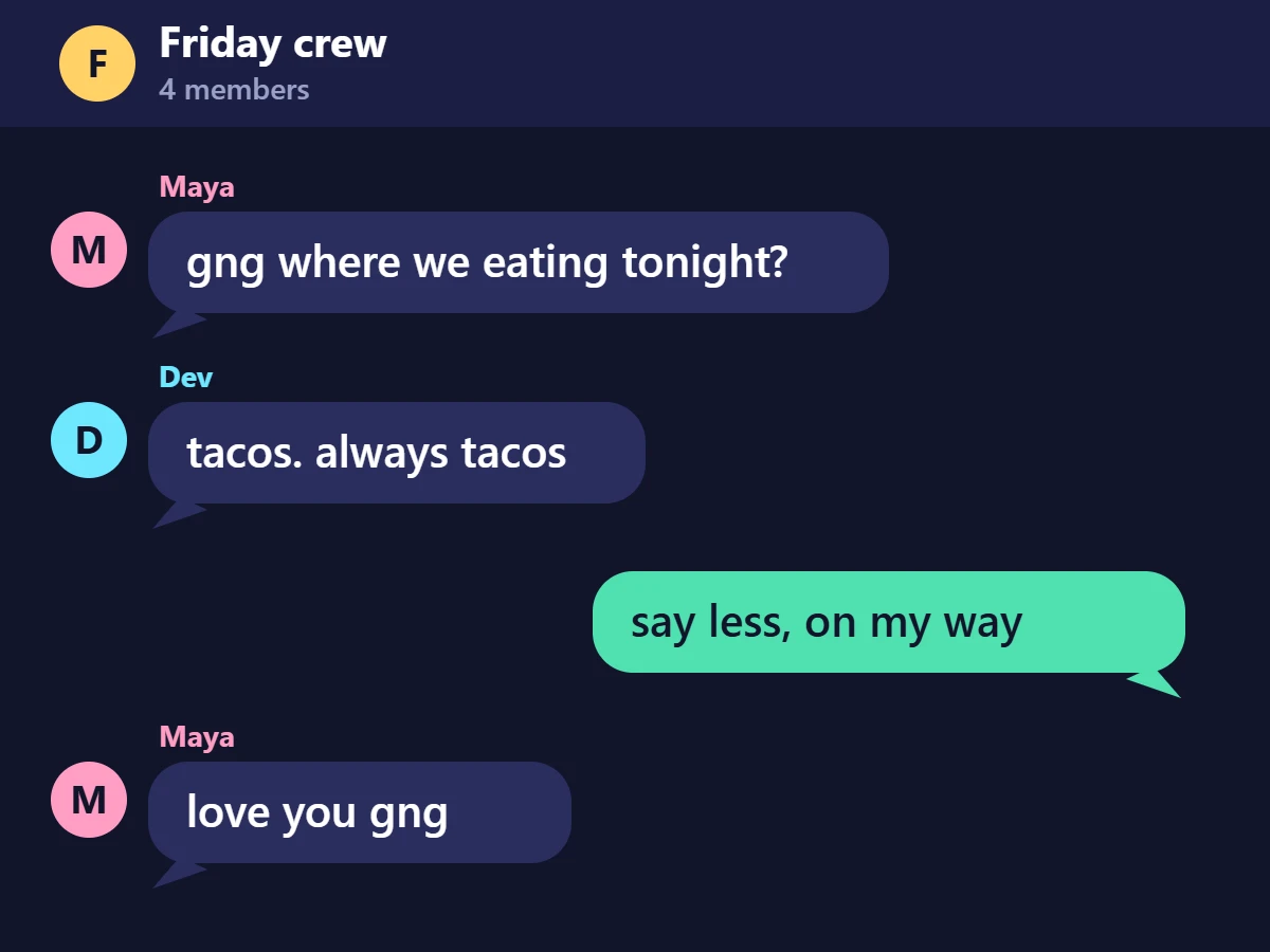 Example group chat where friends use gng to greet each other and plan dinner.