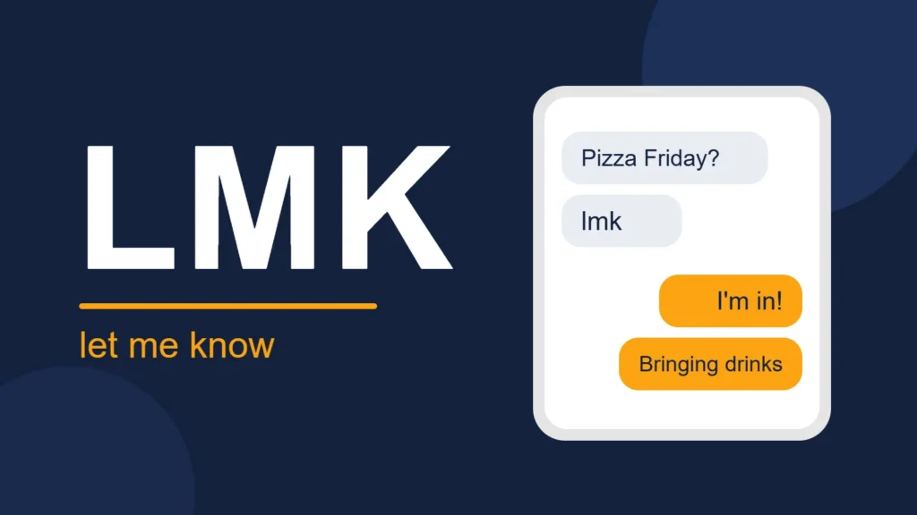 The letters LMK above the words let me know, next to a phone chat where one friend asks about pizza on Friday and adds lmk, and the other replies that they are in