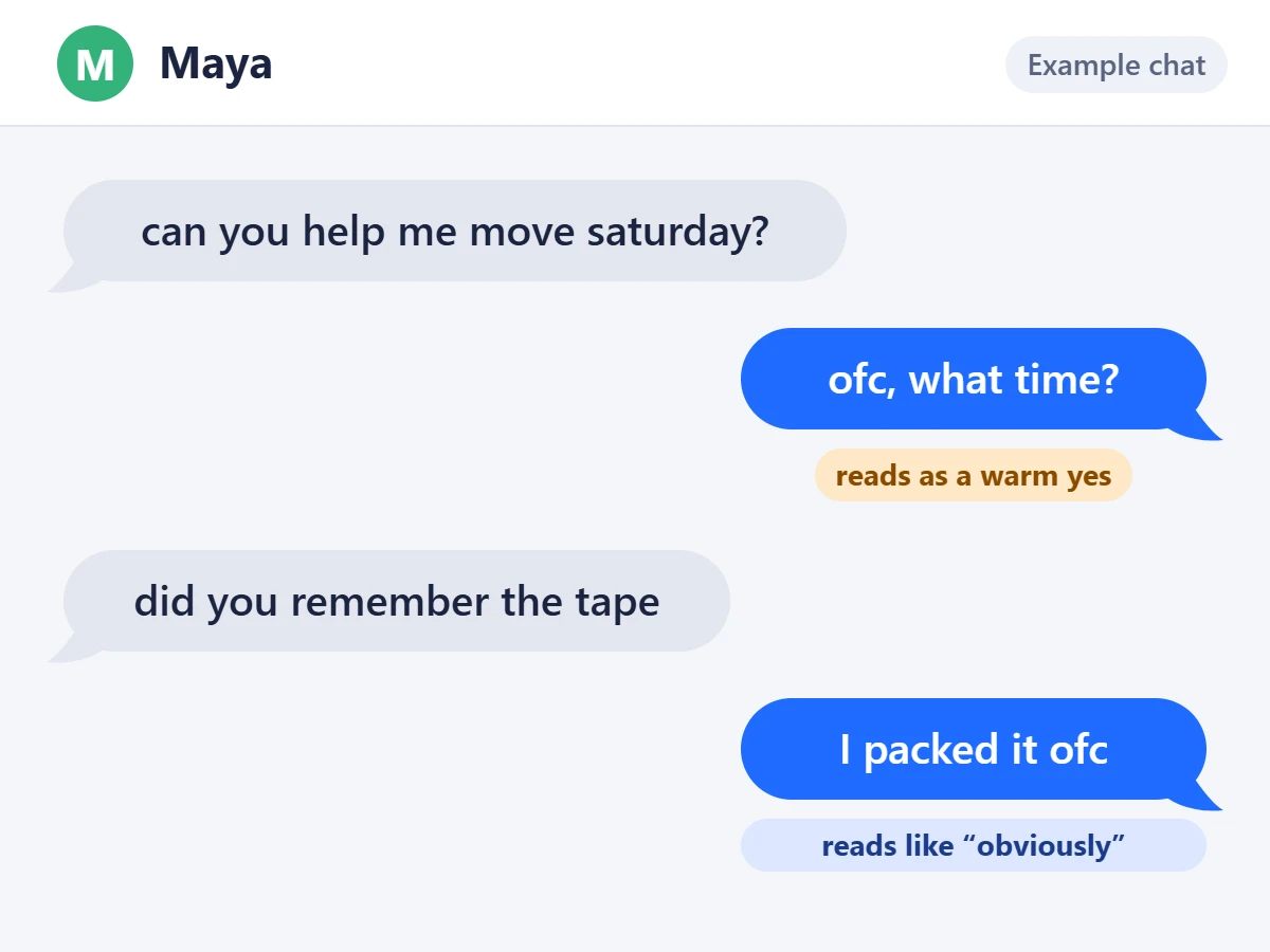 Example text chat where ofc reads as a warm yes in one reply and as a sharp obviously in the next.
