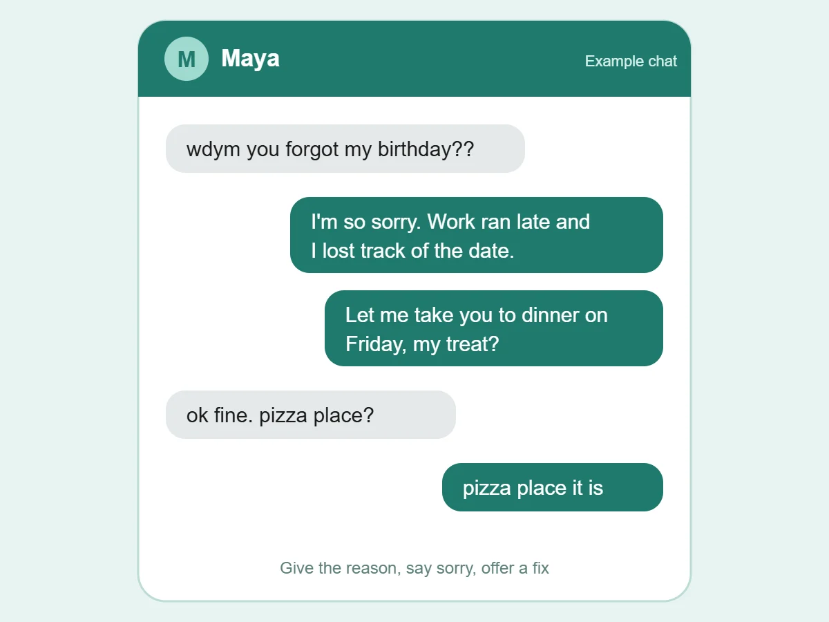 Example text chat between two friends. One writes wdym you forgot my birthday, and the other explains, says sorry and offers to take her out for dinner on Friday.