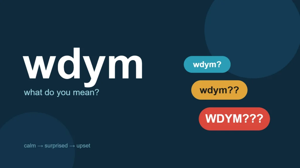 The letters wdym with the words what do you mean, beside three bubbles that grow from a calm wdym? to an upset WDYM???
