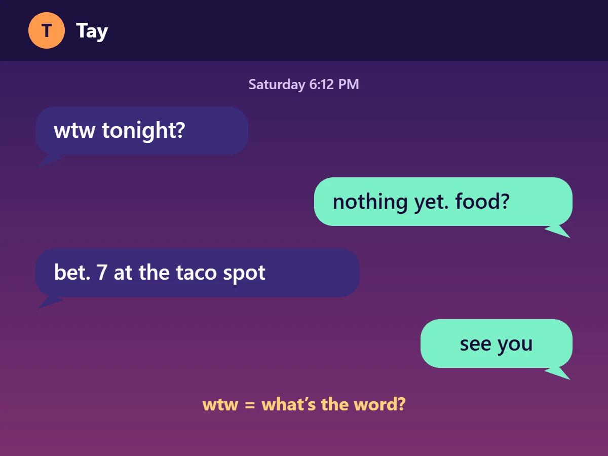 Example chat where a friend texts wtw tonight and the reply suggests getting food at 7.