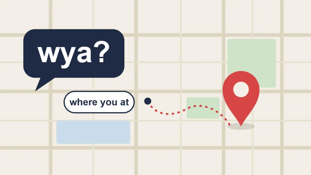 A dark speech bubble that says wya? over a simple street map, with a small bubble reading where you at and a dotted path leading to a red location pin