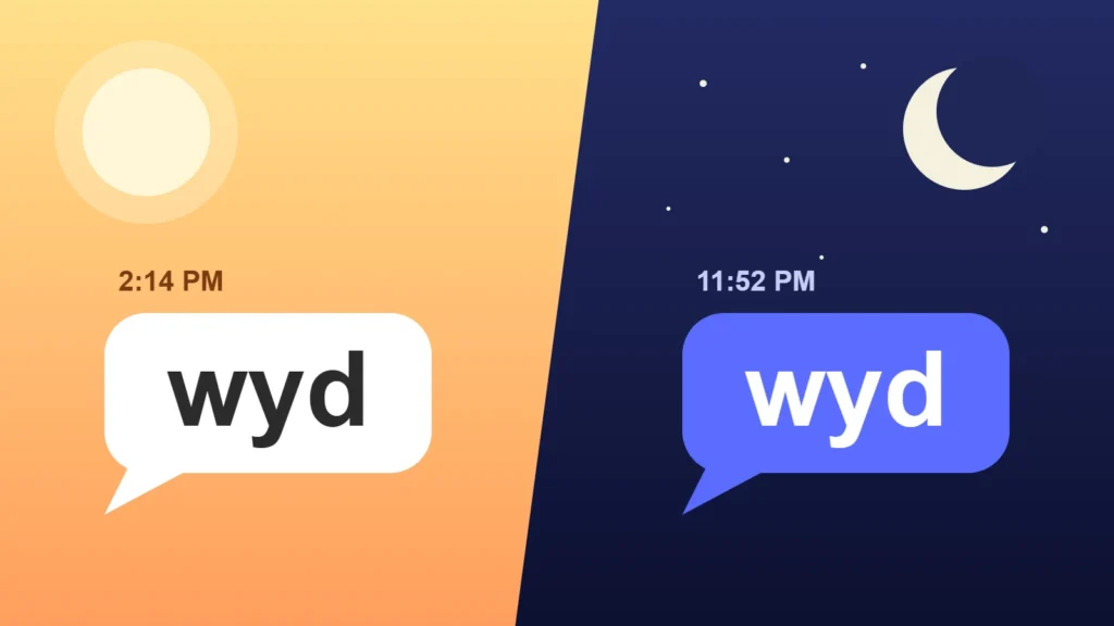 The same wyd text bubble shown twice, once on a sunny daytime background and once under a night sky.