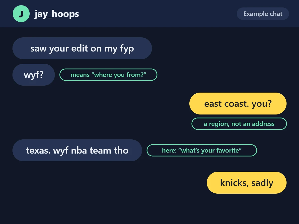 Example direct message chat where wyf first means where you from and then means what’s your favorite.